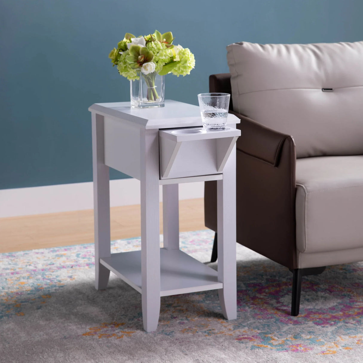 Modern Chairside Table With Two Cup Holders, Display Accent Table - White - Furniture Home Direct