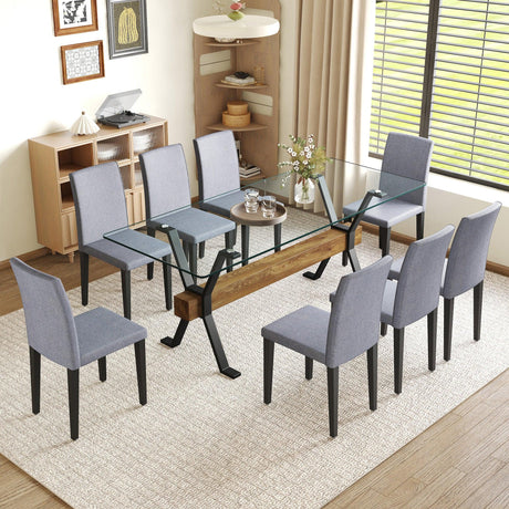 Dining Set Glass Top Table With Eight Fabric Chairs Gray - Furniture Home Direct