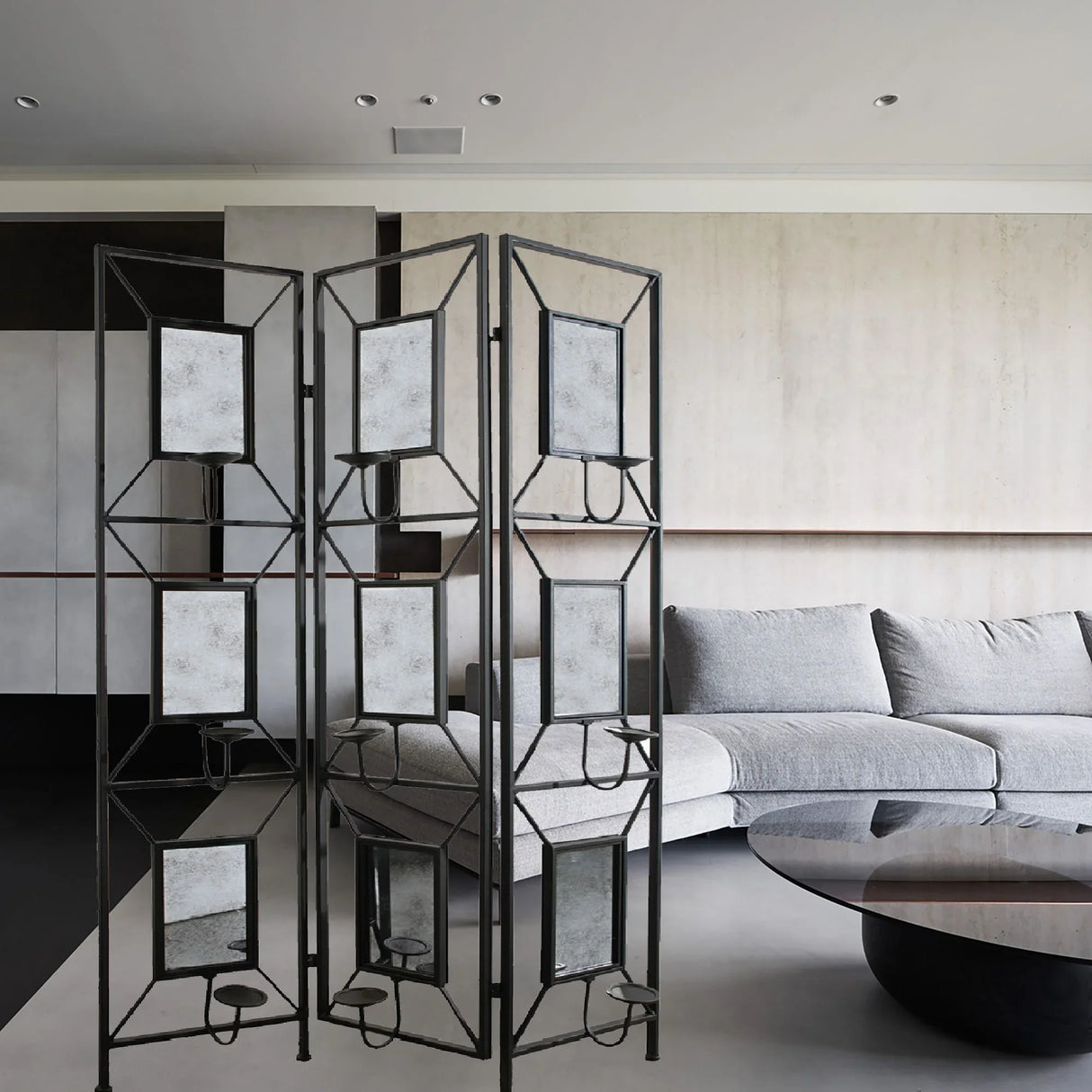 Room Photo Frames Screen Divider Screens, 3 Panel Decorative Screen With Photo Frames, Antique Mirror, Candle Stick - Black - Furniture Home Direct