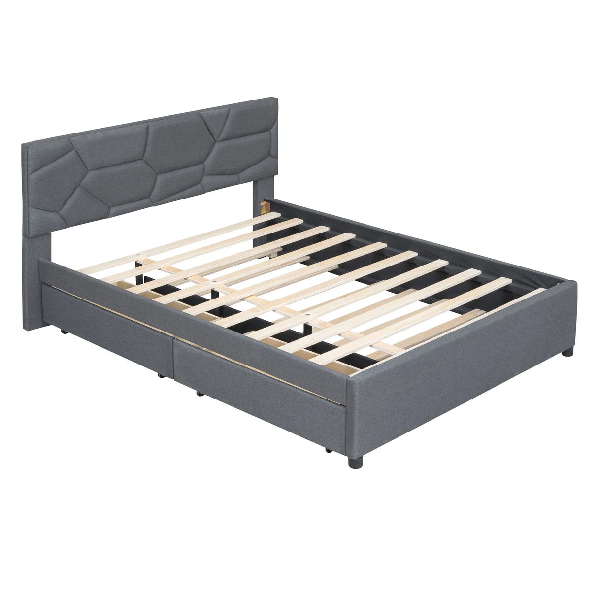 Upholstered Platform Bed With Brick Pattern Headboard And Twin Long Size Trundle - Furniture Home Direct