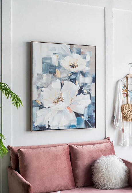 Large Rectangle Framed Wall Art Flower Canvas Print, Home Decor For Living Room Kitchen Foyer Office - Blue - Furniture Home Direct