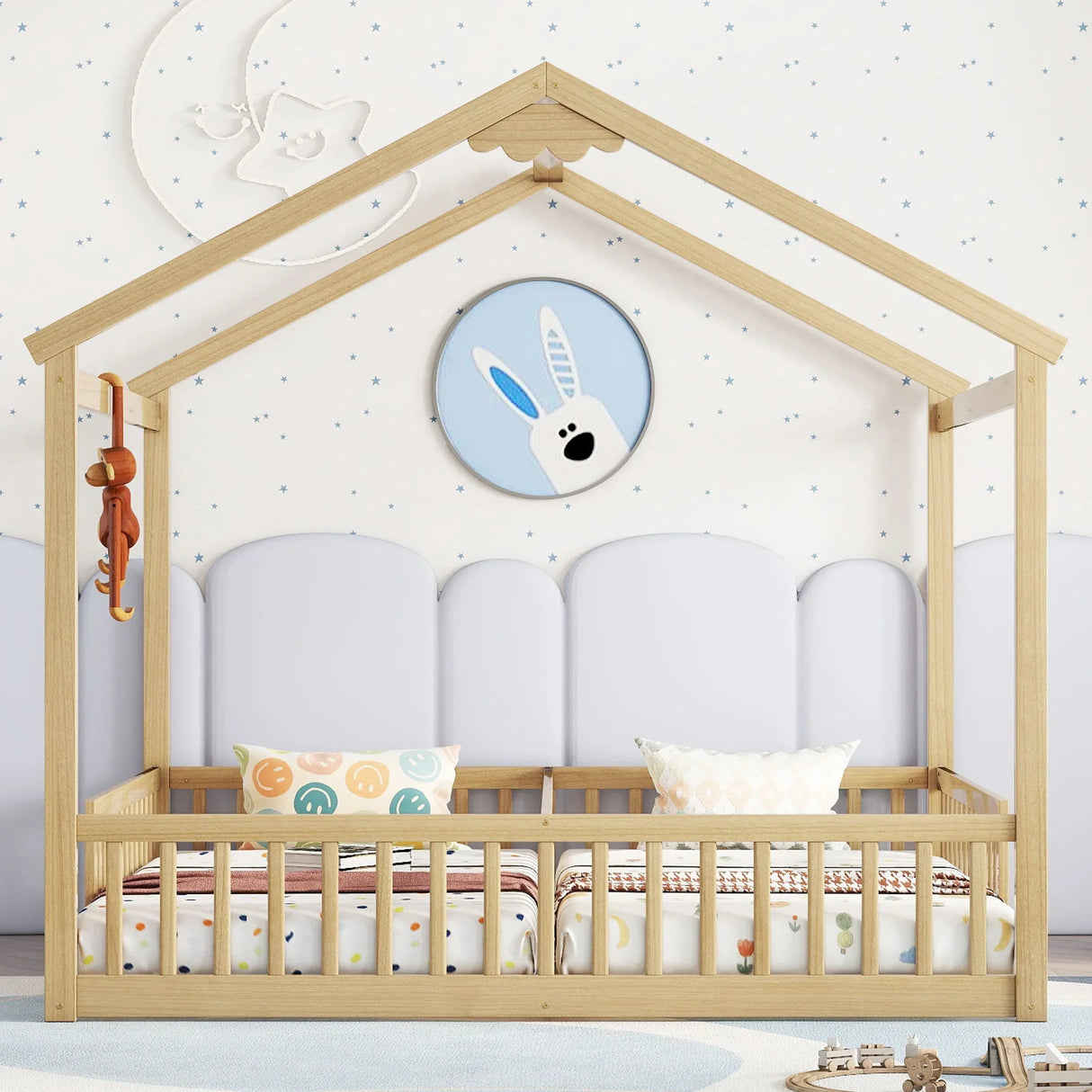 Double Twin House-Style Floor Bed With Fence, Guardrails, Without Door - Furniture Home Direct