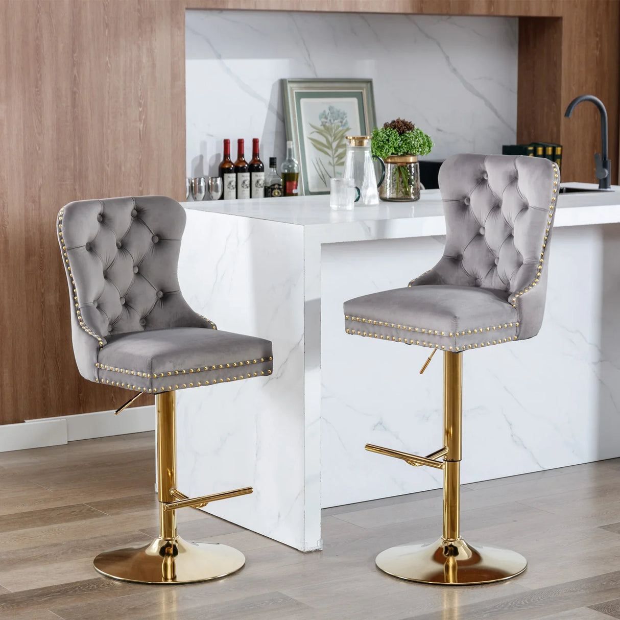 Counter Stools Tufted Velvet Back Swivel Gold Base Gray - Furniture Home Direct