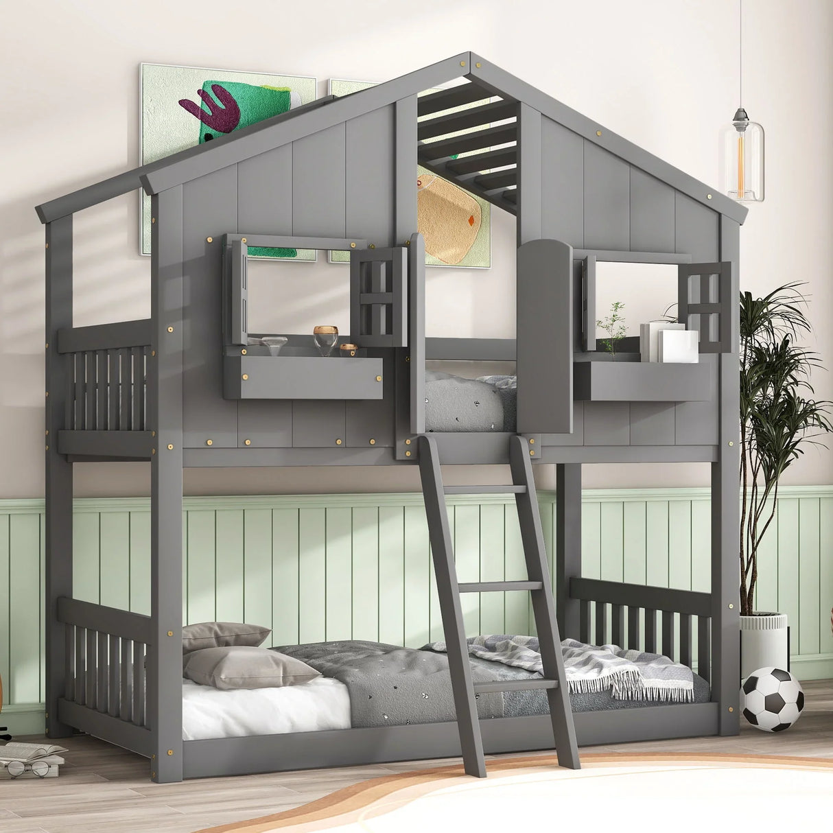 House Bunk Bed With Roof, Window, Window Box, Door, With Safety Guardrails And Ladder - Furniture Home Direct
