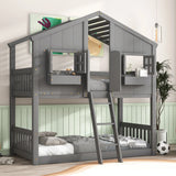 House Bunk Bed With Roof, Window, Window Box, Door, With Safety Guardrails And Ladder - Furniture Home Direct