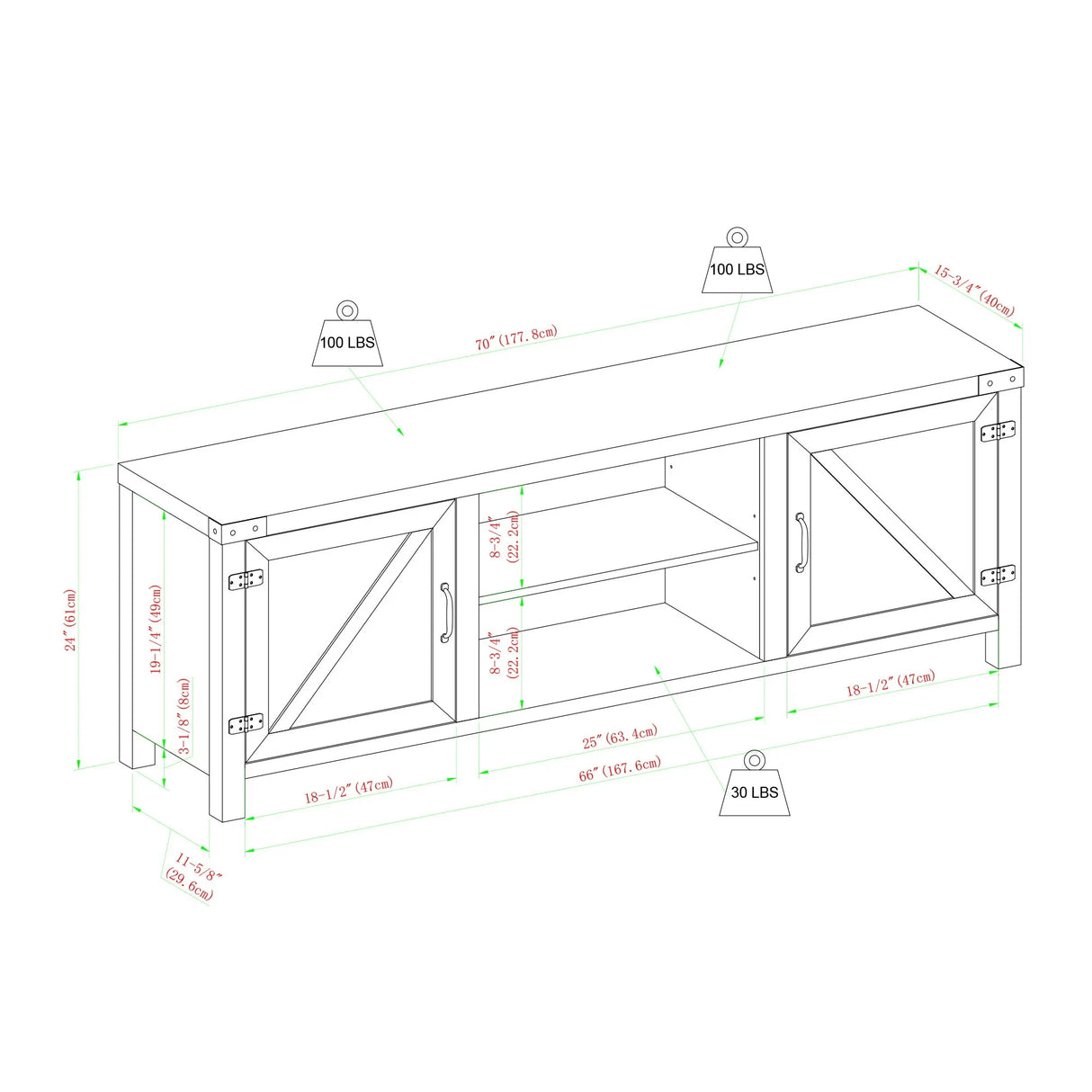 Rustic Farmhouse Double Barn Door 70" TV Stand For 80" TVs With Center Shelves - Furniture Home Direct
