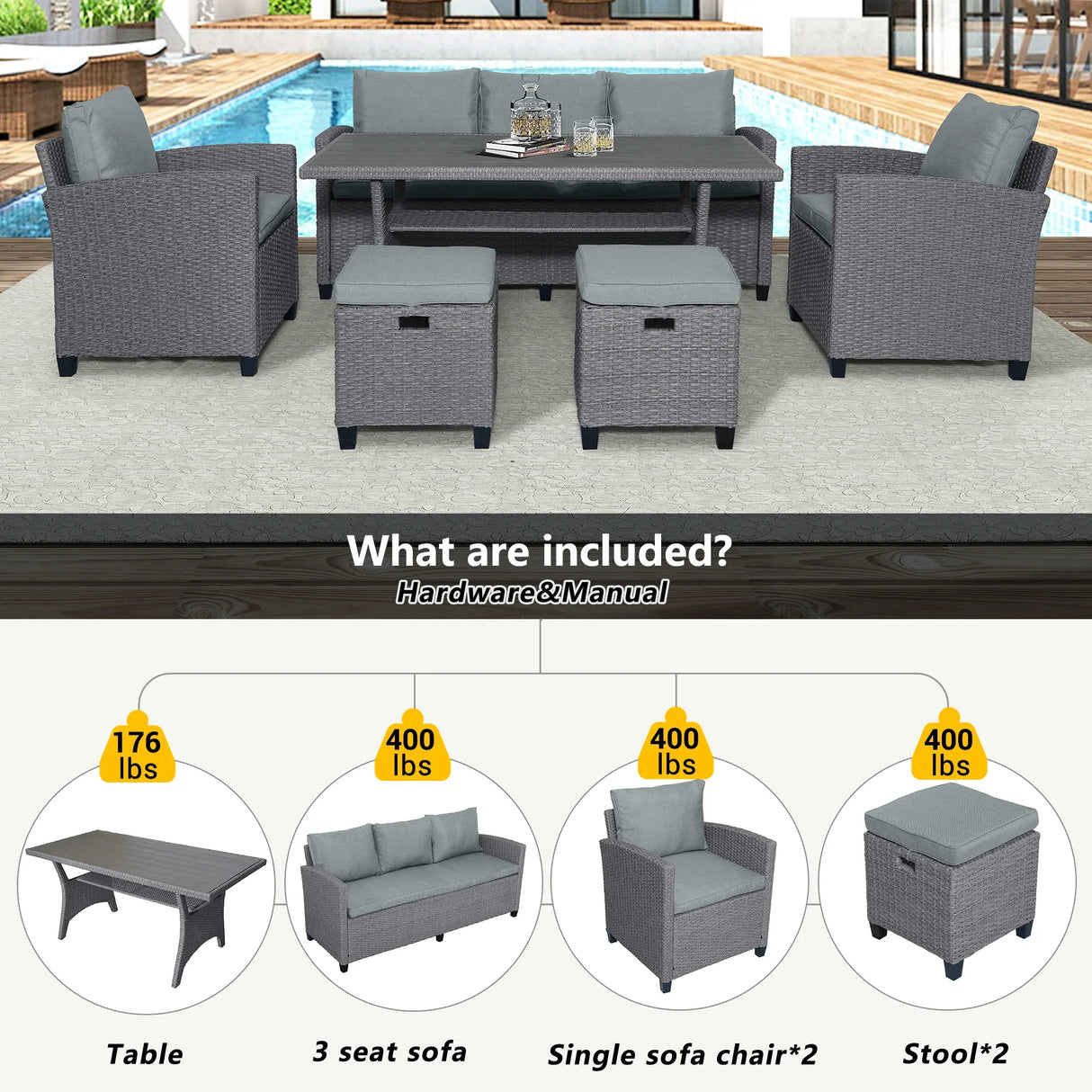 6-Piece Outdoor Wicker Set - Gray - Furniture Home Direct