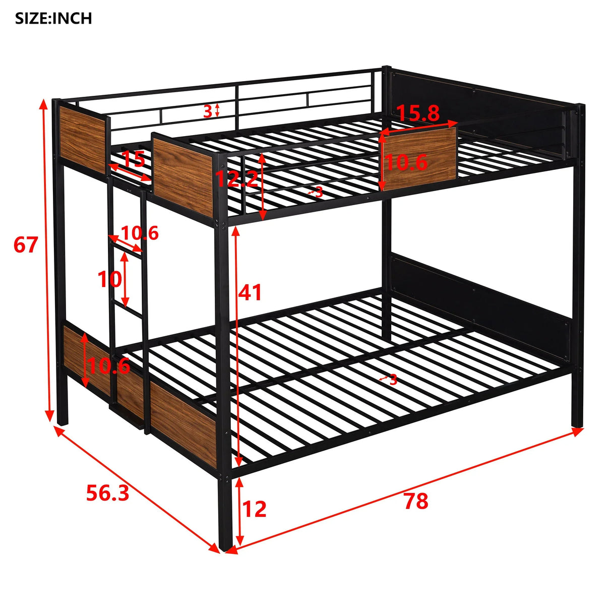 Full Over Full Bunk Bed Modern Style Steel Frame Bunk Bed With Safety Rail, Built-In Ladder For Bedroom - Brown - Furniture Home Direct