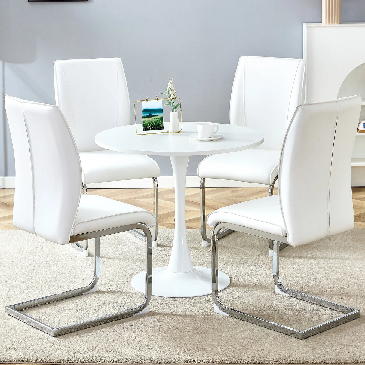 Dining Set Modern Round Table with Four Chairs White - Furniture Home Direct