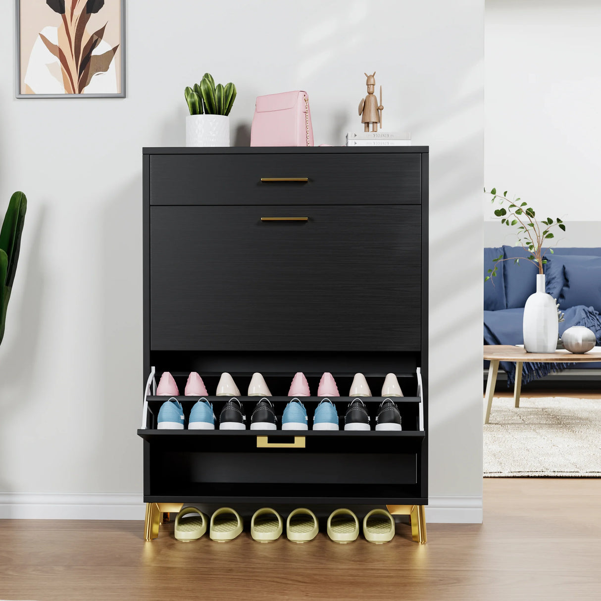 Shoe Storage Cabinet with 2 Flip Drawers - Black - Furniture Home Direct