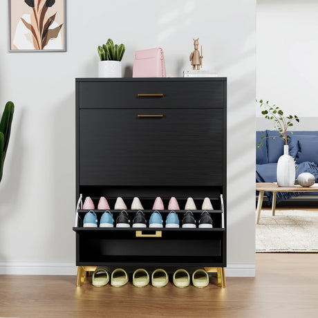 Shoe Storage Cabinet with 2 Flip Drawers - Black - Furniture Home Direct