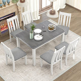 Retro Style 7 Piece Dining Table Set With Extendable Table And 6 Upholstered Chairs - Gray / White - Furniture Home Direct