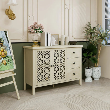 Hollowed Out Cabinet With 2 Door 3 Drawers, American Furniture, Suitable For Bedroom, Living Room, Study - Natural - Furniture Home Direct