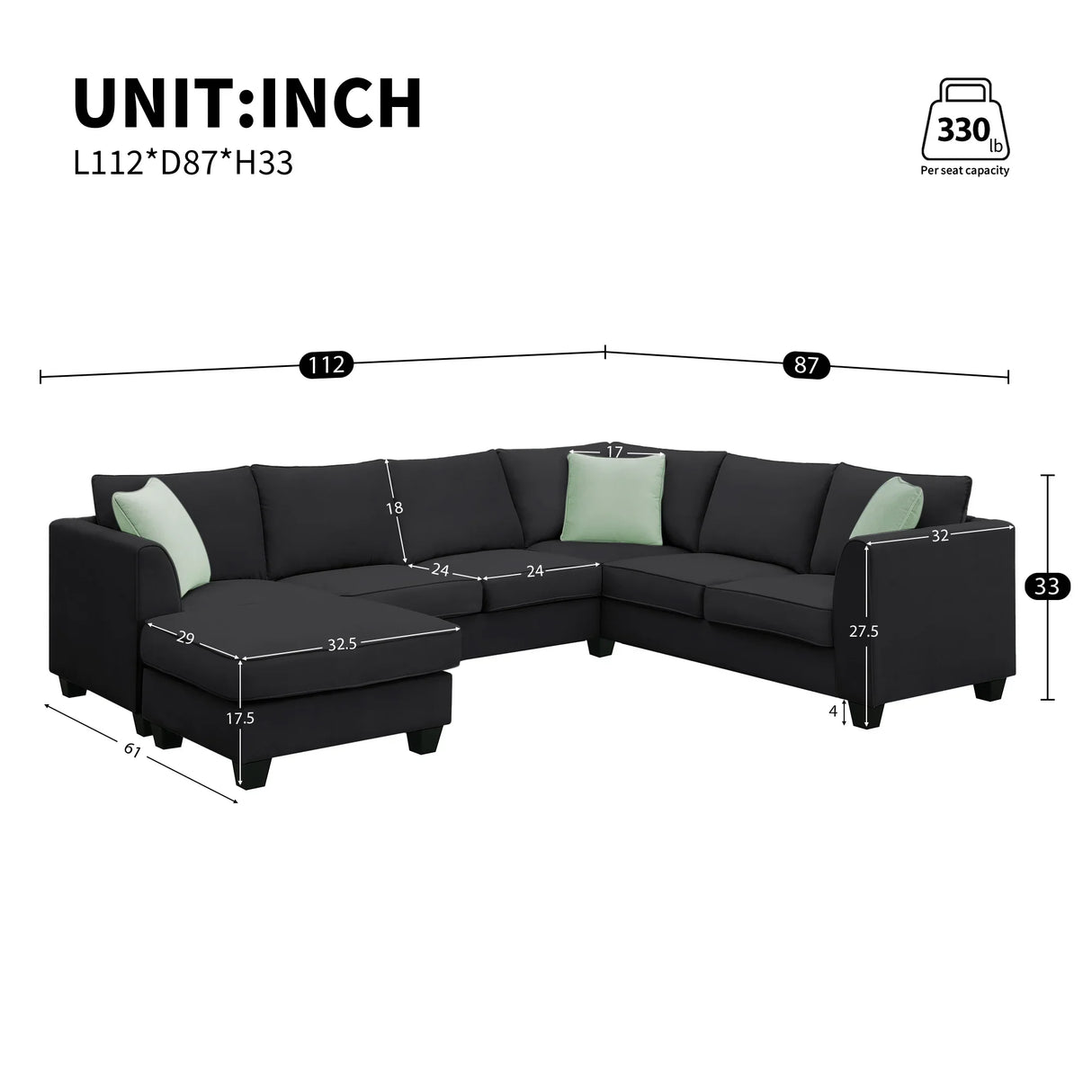 L Shaped Sectional Sofa with Ottoman and Cushions Black - Furniture Home Direct