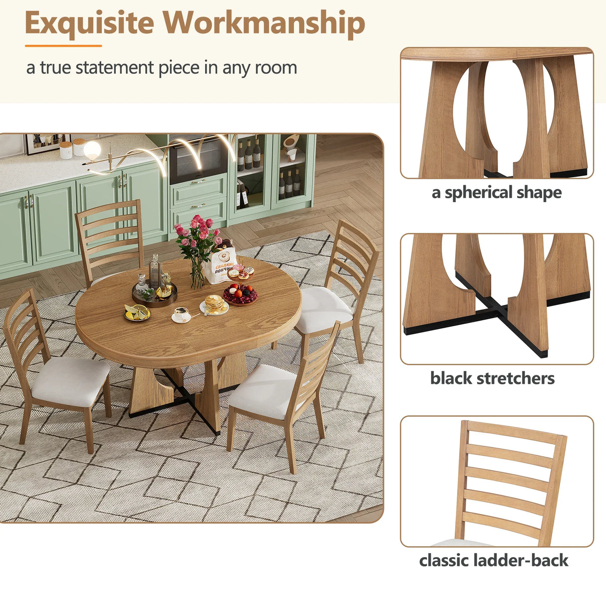 Dining Set Round Wood Table With Ladder Back Chairs Natural - Furniture Home Direct
