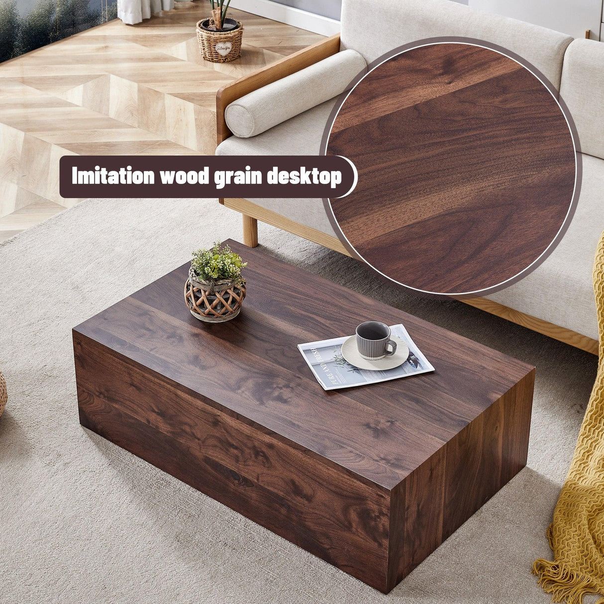 Coffee Table Modern Wood Grain Rectangular Finish Walnut - Furniture Home Direct