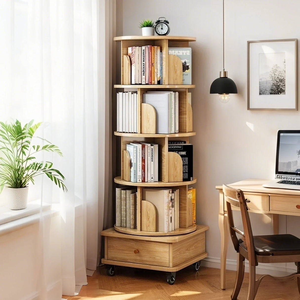 Rotating Bookshelf With Wheels And Drawer, 360° Spinning Design, Space Saving Storage - Furniture Home Direct