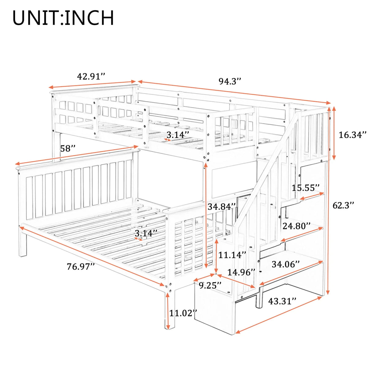 Stairway Bunk Bed With Storage And Guard Rail For Bedroom - Furniture Home Direct