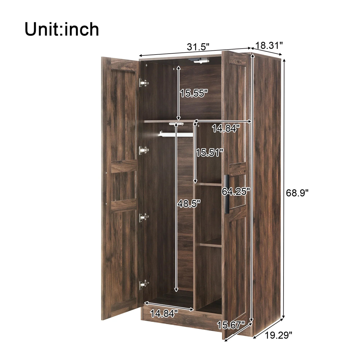 2-Door Wardrobe Armoire with LED and 4 Storage Shelves, Brown - Furniture Home Direct