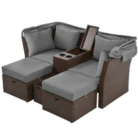 2 Seater Outdoor Patio Daybed Outdoor Double Daybed Outdoor Loveseat Sofa Set With Foldable Awning And Cushions For Garden, Balcony, Poolside - Furniture Home Direct