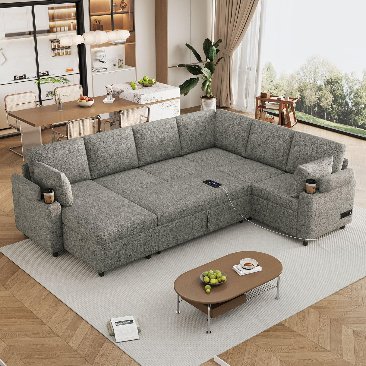U-Shaped Sectional Sleeper Sofa With Ample Storage Space, 2 Cup Holders And Charging Ports For Living Room - Furniture Home Direct