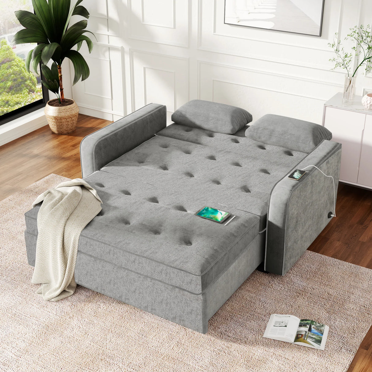66.5" Upholstered Loveseat With Pull Out Bed, Two Throw Pillows, Dual USB Charging Port and Adjustable Backrest - Light Gray - Furniture Home Direct