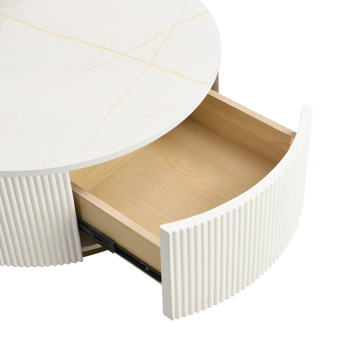 Round Nesting Coffee Table Fluted Drawer Gold and White - Furniture Home Direct