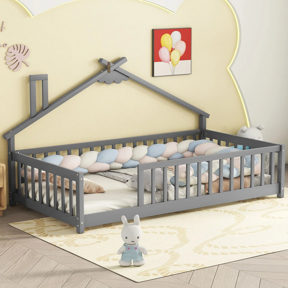 House-Shaped Bedside Floor Bed With Guardrails, Slats, Without Door - Furniture Home Direct
