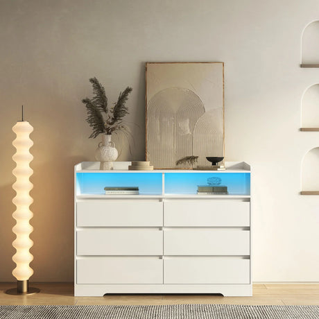 6 Drawer Dresser For Bedroom With LED Lights, Sturdy Frame - White - Furniture Home Direct