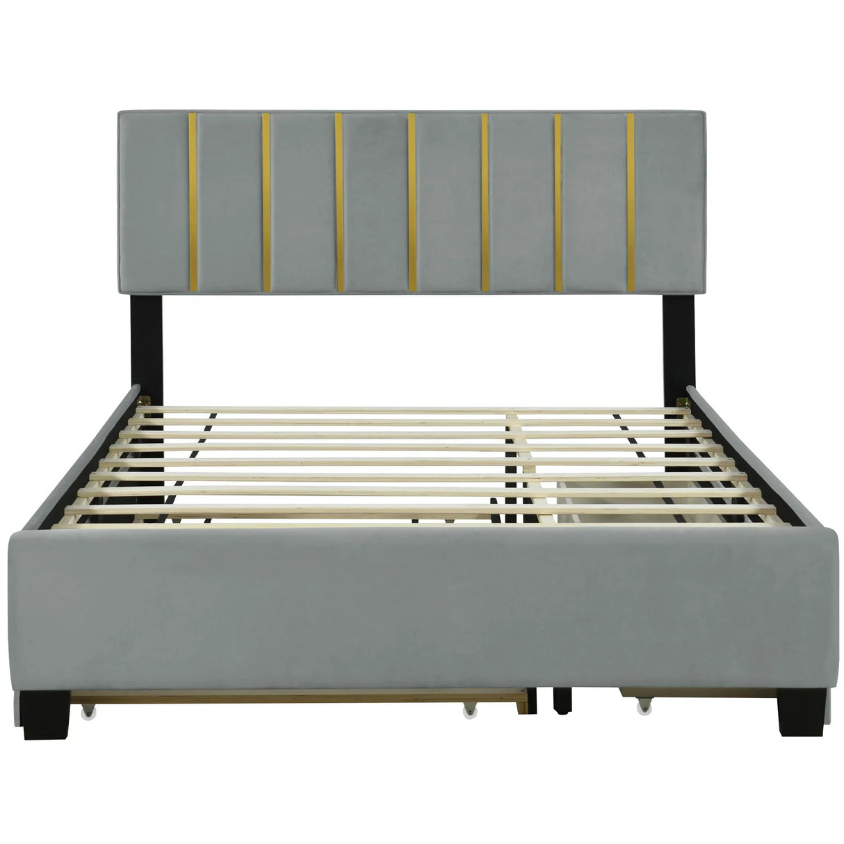 Upholstered Platform Bed With 2 Drawers And 1 Trundle, Classic Strip Headboard Design - Furniture Home Direct