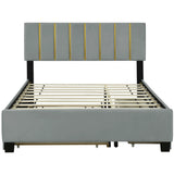 Upholstered Platform Bed With 2 Drawers And 1 Trundle, Classic Strip Headboard Design - Furniture Home Direct