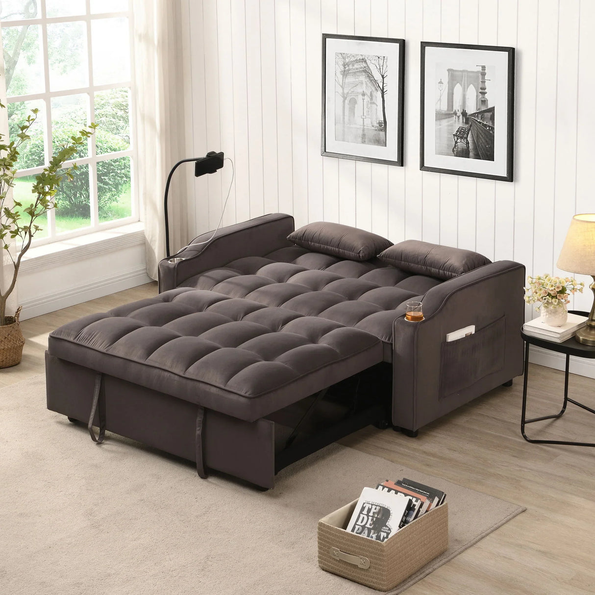 Modern Velvet Loveseat Futon Sofa With Pullout Bed, Adjustable Reclining Backrest, Toss Pillows - Furniture Home Direct