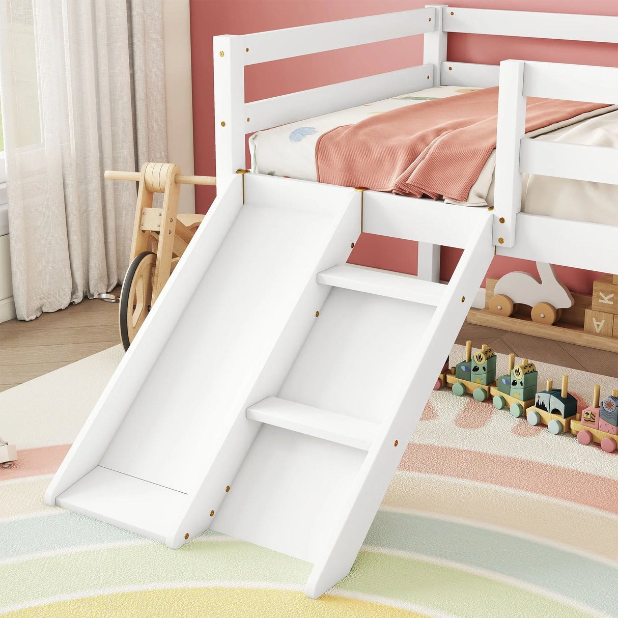 Low Loft Bed With Slide, Ladder, Safety Guardrails, No Box Spring Needed - Furniture Home Direct