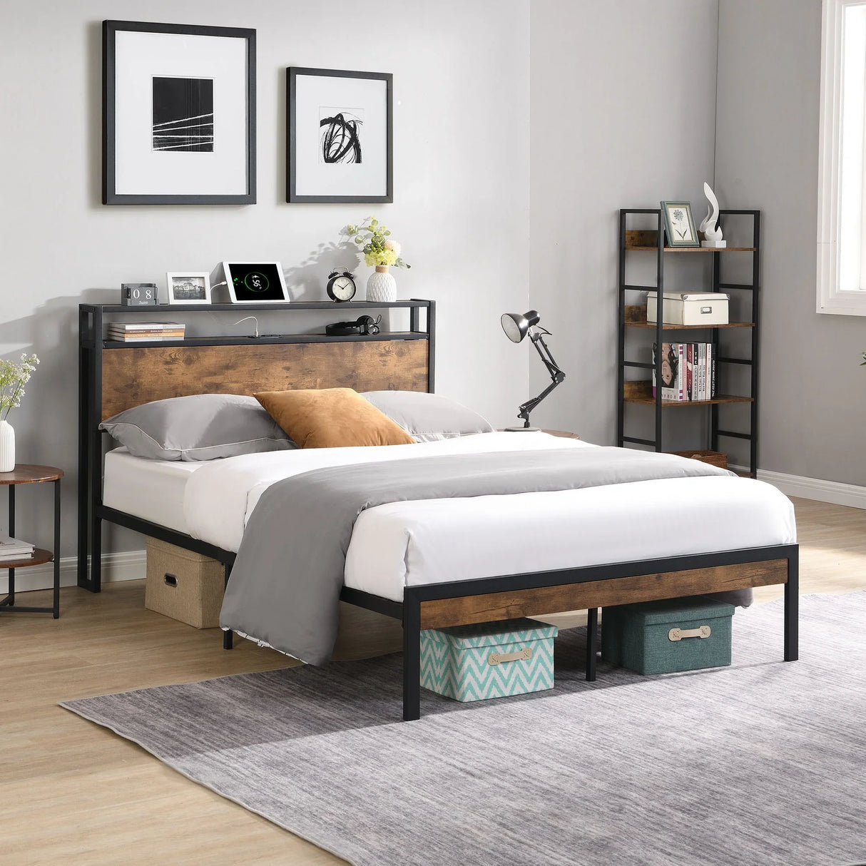 Metal Platform Bed Frame With Wooden Headboard And Footboard With USB Liner, No Box Spring Needed, Under Bed Storage - Furniture Home Direct