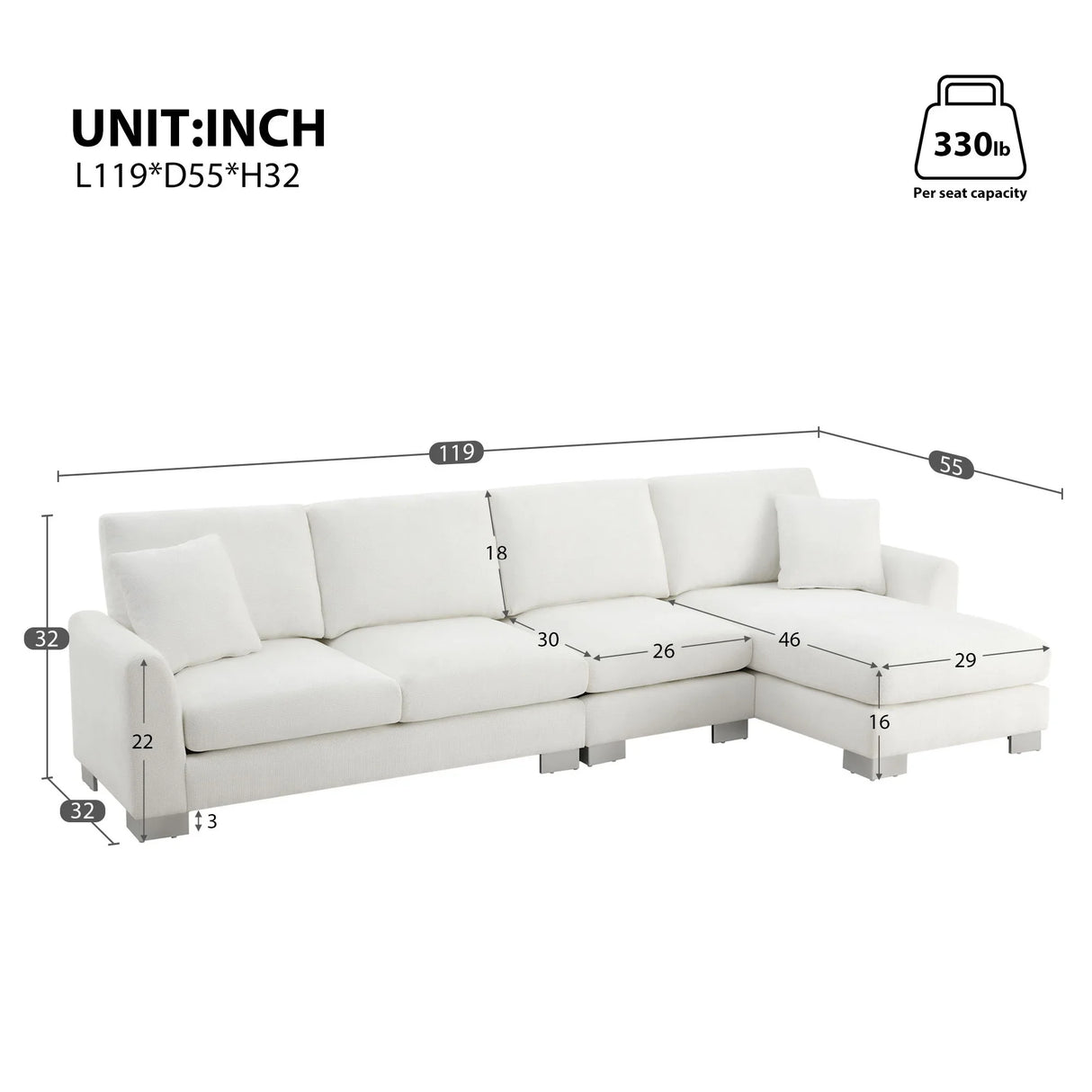 Modern Oversized Sectional Sofa, L-Shaped Luxury Couch Set With 2 Free Pillows, 5 Seat Chenille Indoor Furniture With Chaise For Living Room - Furniture Home Direct