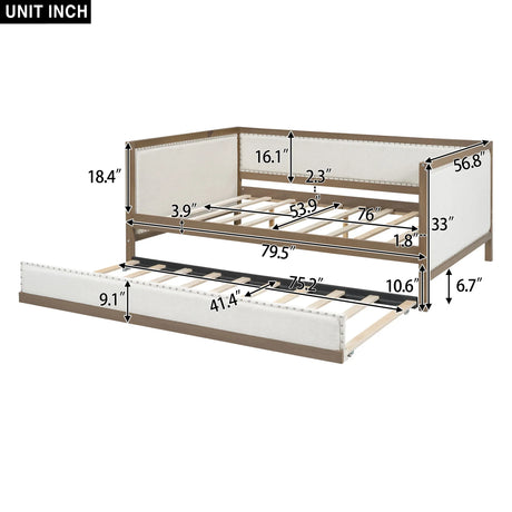 Full Size Daybed With Trundle And Nailhead Decoration - Wood - Furniture Home Direct
