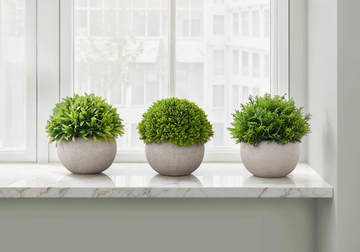 5" Tall, Artificial Plant, Grass, Indoor, Faux, Fake, Table, Greenery, Potted, Decorative (Set of 3) - Green / Gray - Furniture Home Direct