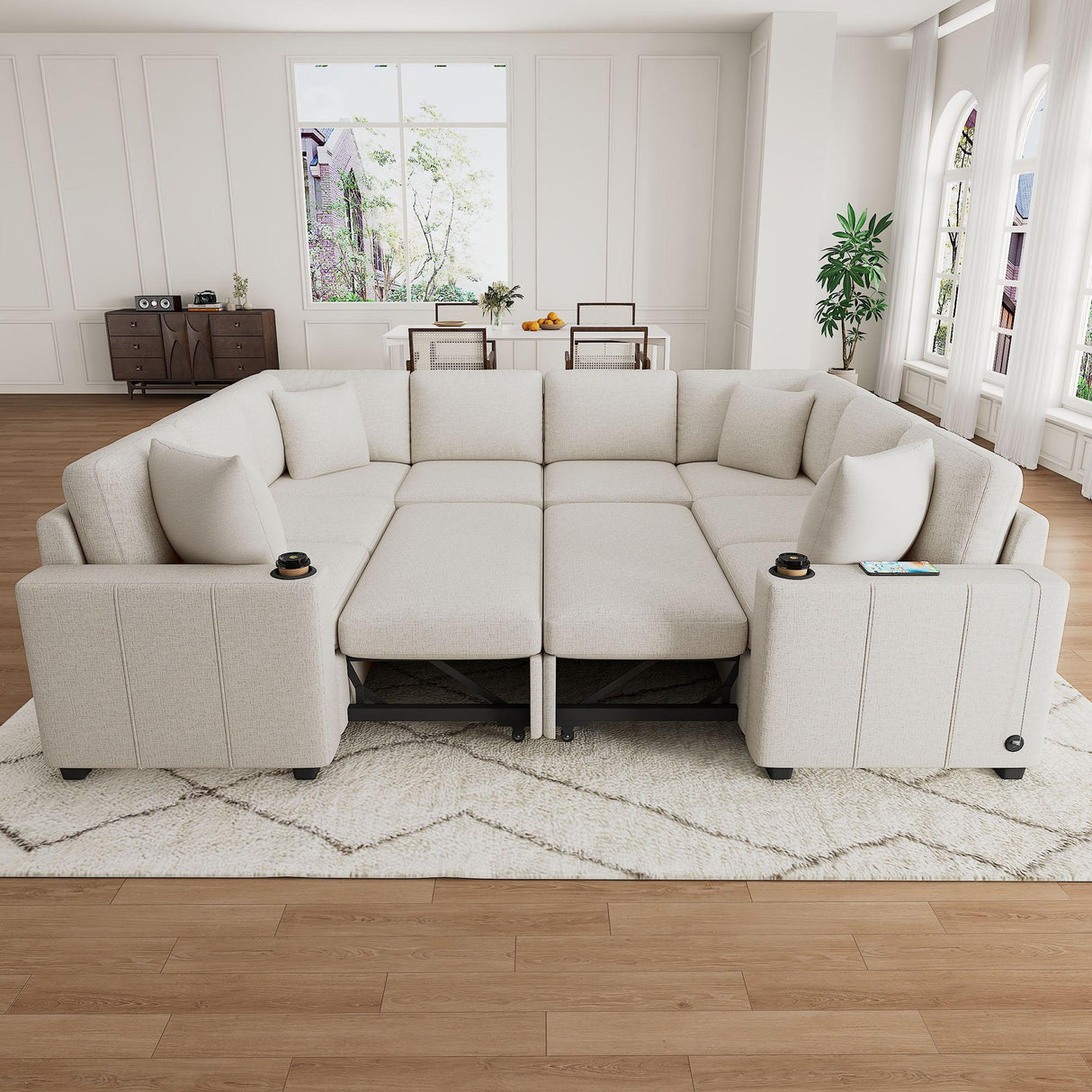 Modern U-Shaped Sectional Sofa Convertible Pull-Out Sofa Bed With USB Ports And Cup Holders - Furniture Home Direct