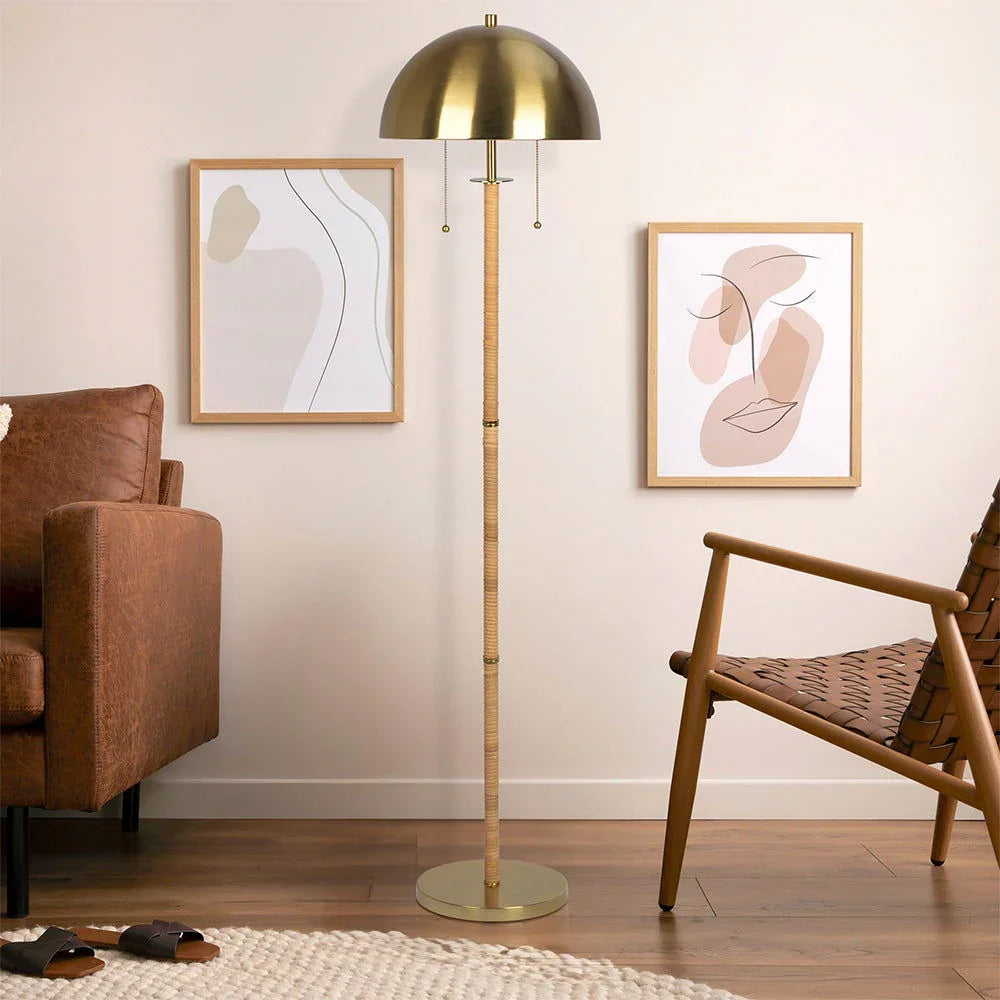 Allure - 2 Light Floor Lamp, Gold, Natural Tube, Double On / Off Pull Chain - Gold / Rattan - Furniture Home Direct