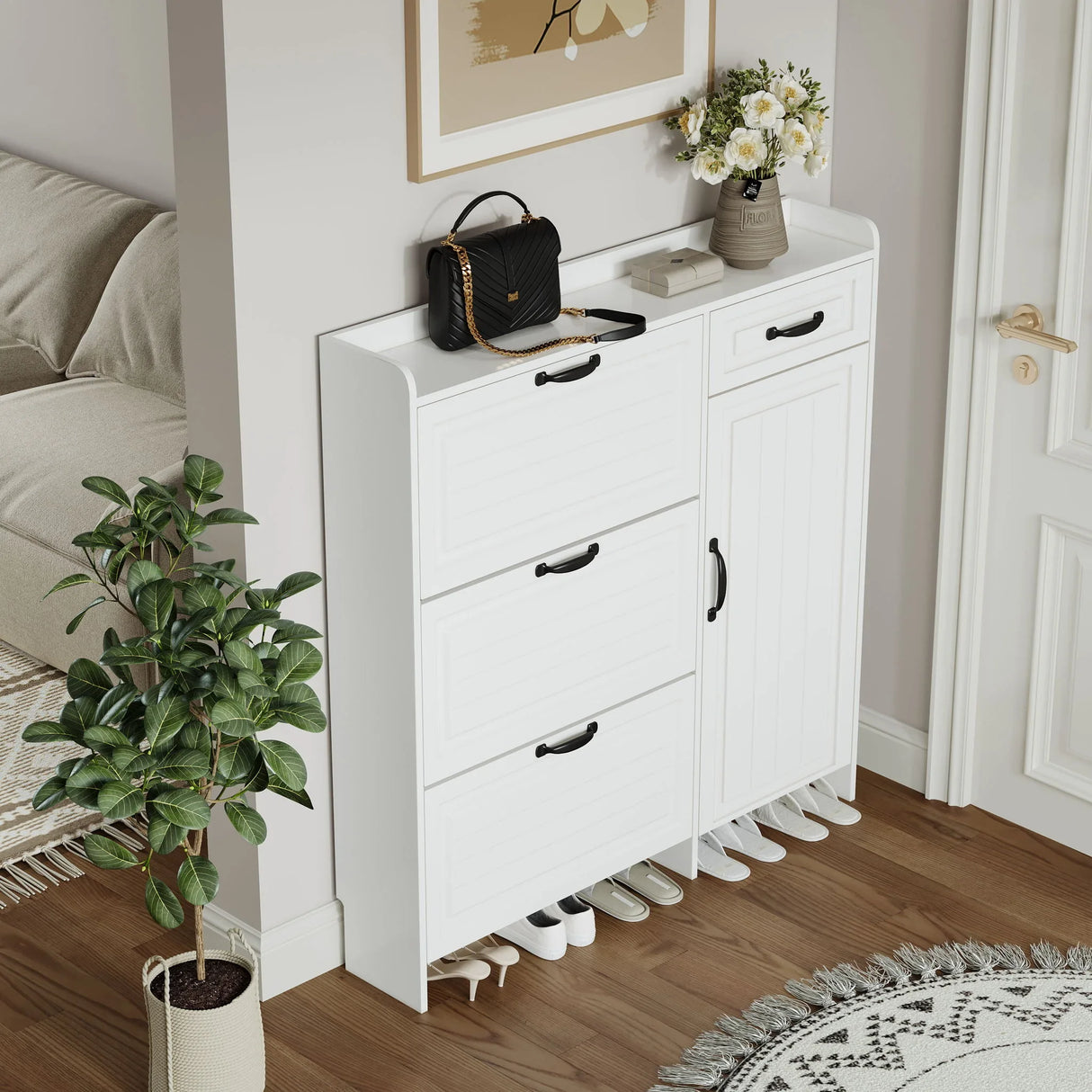 Shoe Cabinet With 4 Doors 1 Drawers, PVC Door With Shape, Large Space For Storage - White - Furniture Home Direct