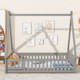 Tent-Shaped Floor Bed, With Guardrails, Slats, Door - Furniture Home Direct