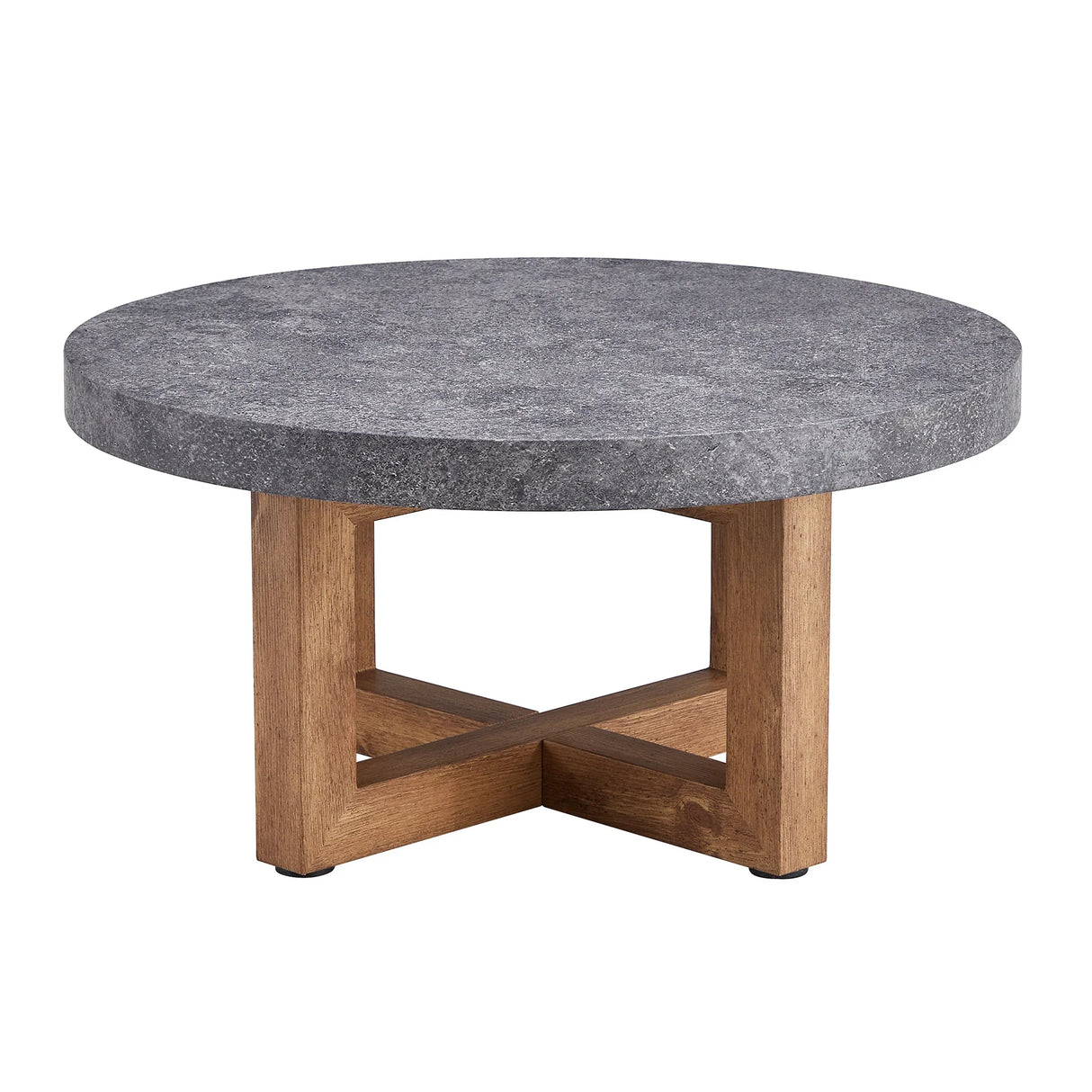 Coffee Table Round Stone Finish Wood Base Contemporary Gray - Furniture Home Direct
