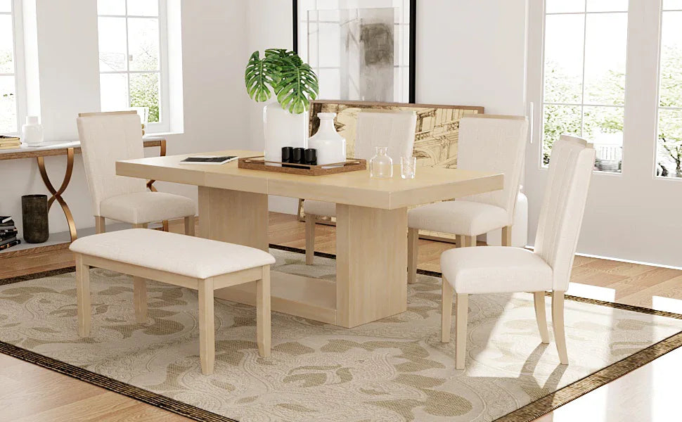 Dining Set Extendable Pedestal Table Bench And Chairs Beige - Furniture Home Direct