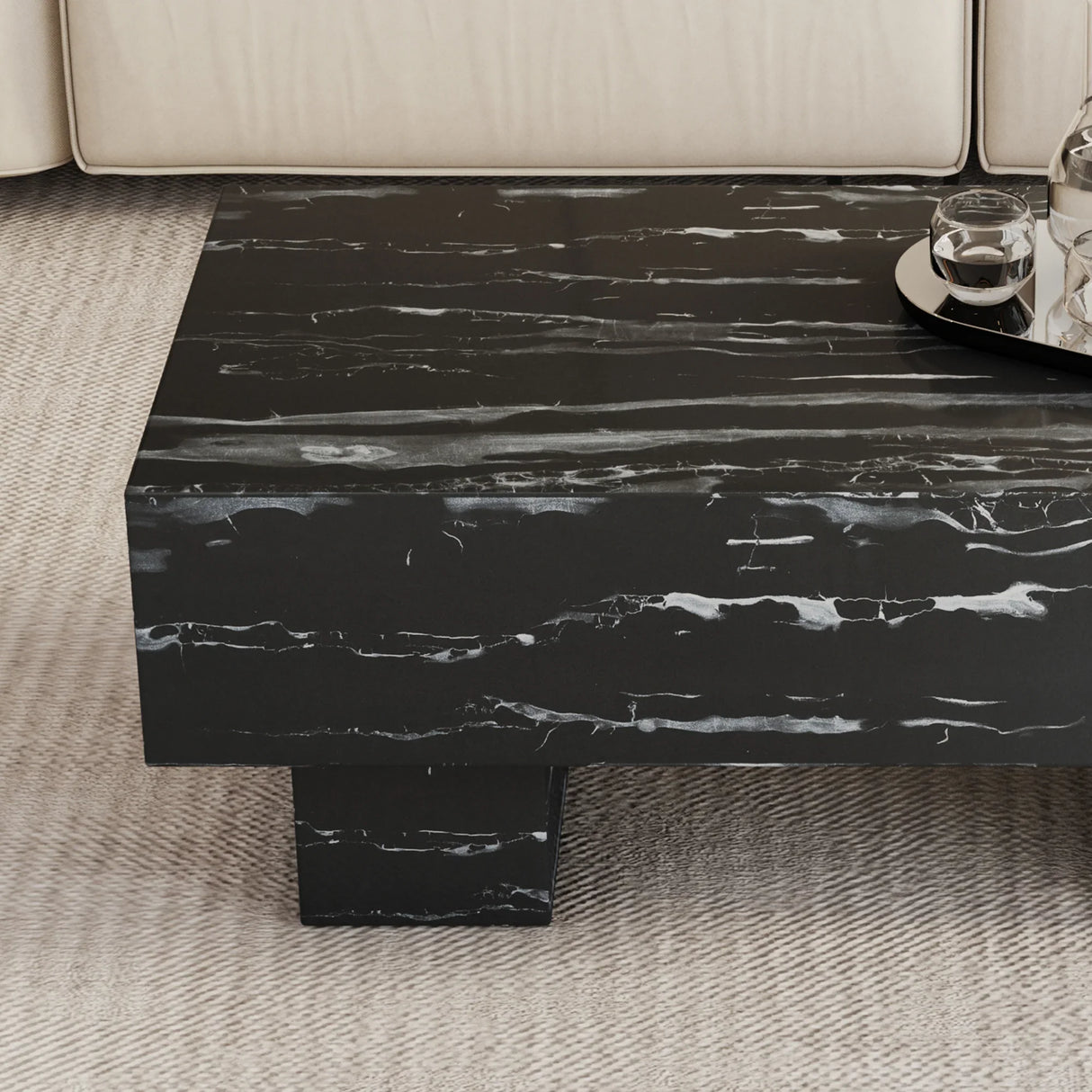Coffee Table Modern Marble Texture With Block Base Black - Furniture Home Direct