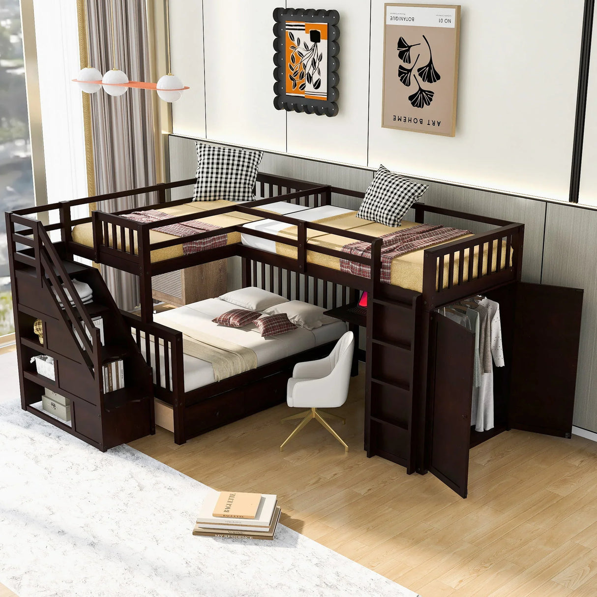 L Shaped Bunk Bed With 3 Drawers, Portable Desk And Wardrobe - Furniture Home Direct