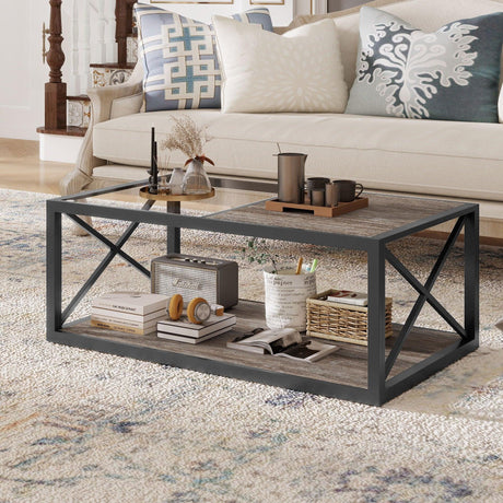 Industrial Style Coffee Table For Bedroom & Living Room With Tempered Glass & Wood Grain - Wood - Furniture Home Direct