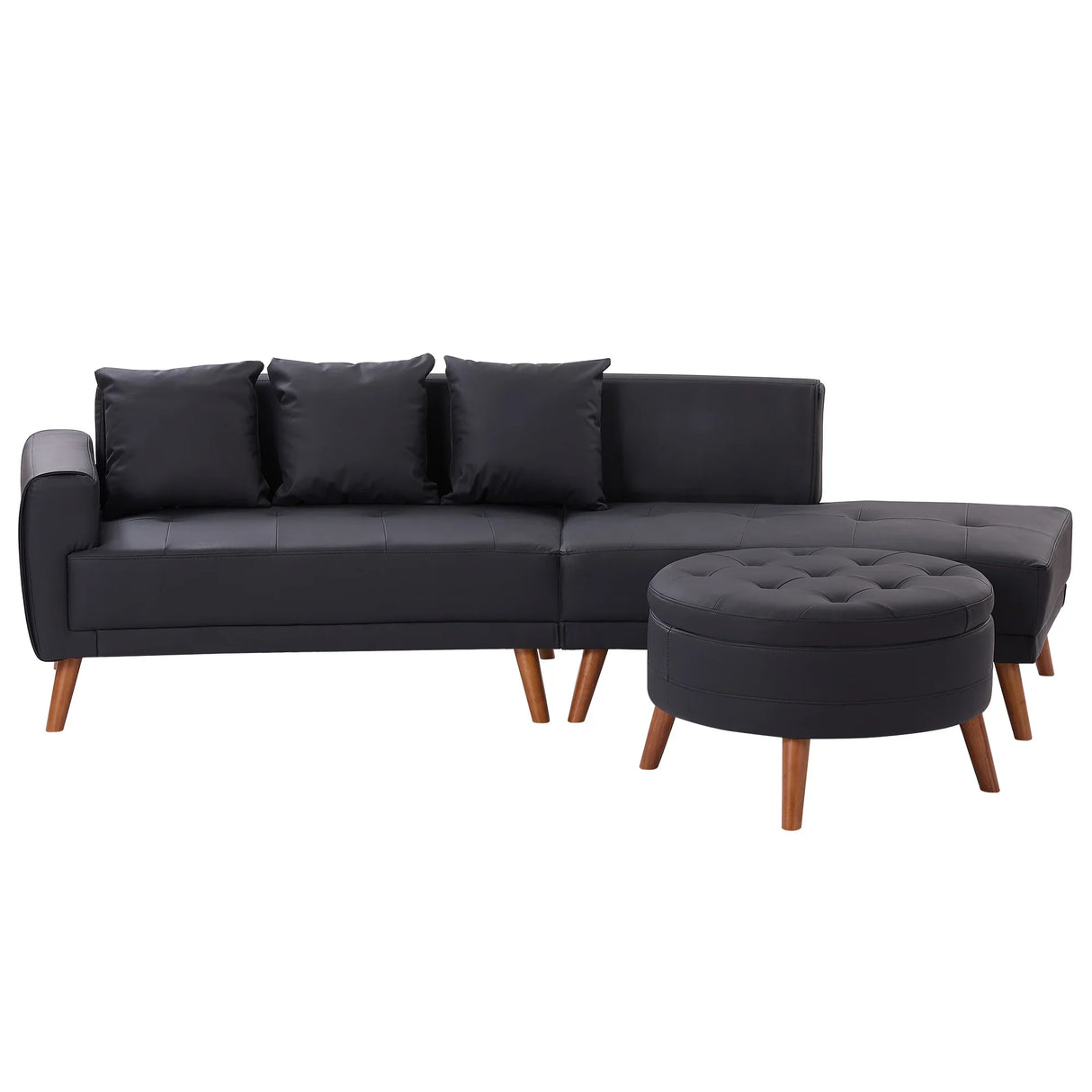 107 Inch Black Sectional With Round Storage Ottoman - Furniture Home Direct