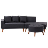 107 Inch Black Sectional With Round Storage Ottoman - Furniture Home Direct