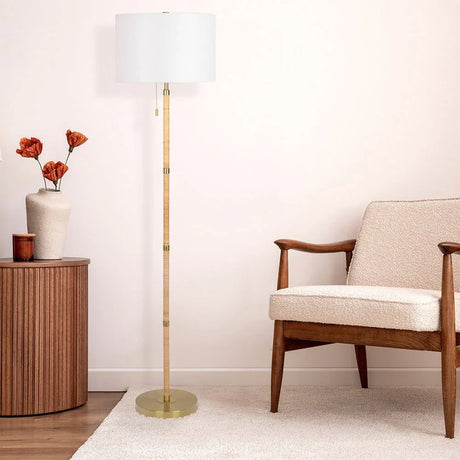 Stellar - Linen Shade Floor Lamp - Gold / Natural Wood / Rattan / White - Furniture Home Direct