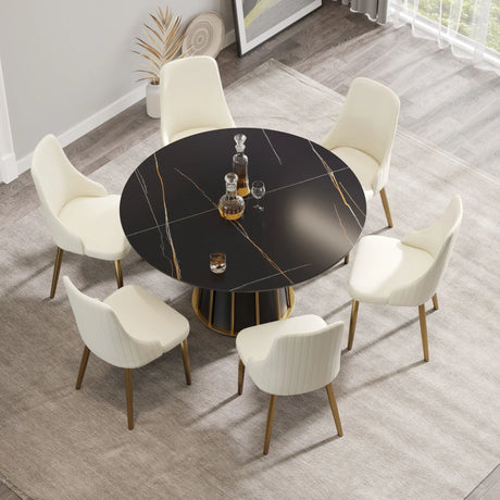 Modern Artificial Stone Round Metal Iron Base Dining Table, Can Accommodate 6 People (Not Including Chairs.) - Black - Furniture Home Direct